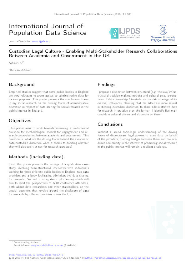 Custodian Legal Culture - Enabling Multi-Stakeholder Research Collaborations Between Academia and Government in the UK Thumbnail