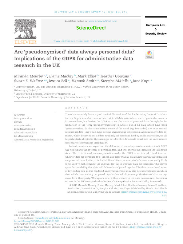 Are ‘pseudonymised’ data always personal data? Implications of the GDPR for administrative data research in the UK Thumbnail