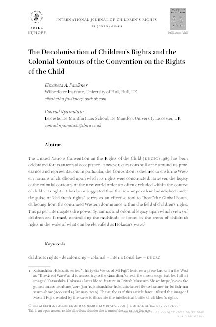 The Decolonisation of Children's Rights and the Colonial Contours of the Convention on the Rights of the Child Thumbnail
