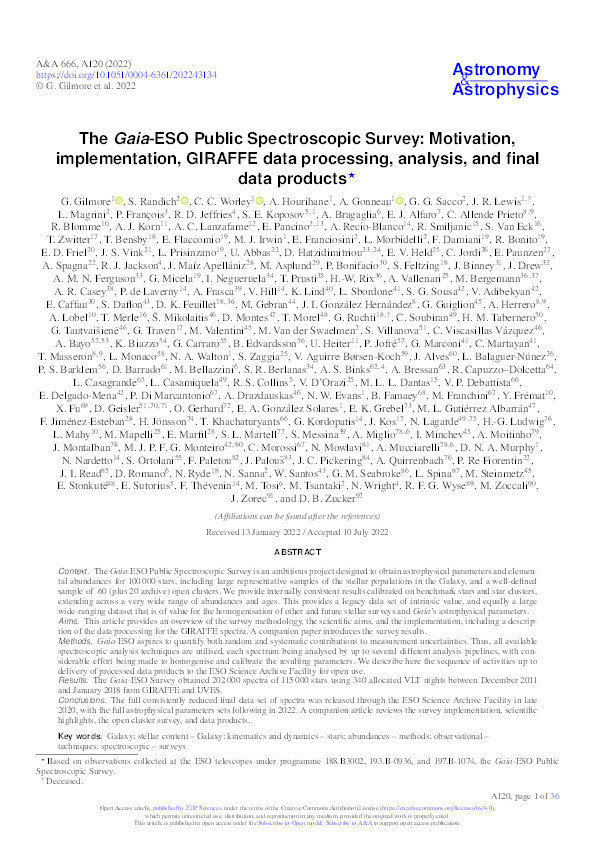 The Gaia-ESO Public Spectroscopic Survey: Motivation, implementation, GIRAFFE data processing, analysis, and final data products star Thumbnail