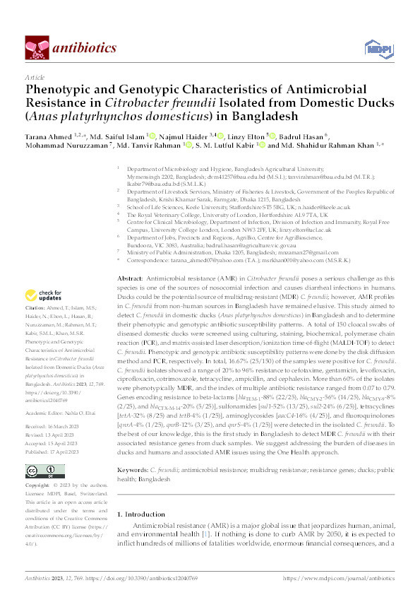 Phenotypic and Genotypic Characteristics of Antimicrobial Resistance in Citrobacter freundii Isolated from Domestic Ducks (Anas platyrhynchos domesticus) in Bangladesh Thumbnail