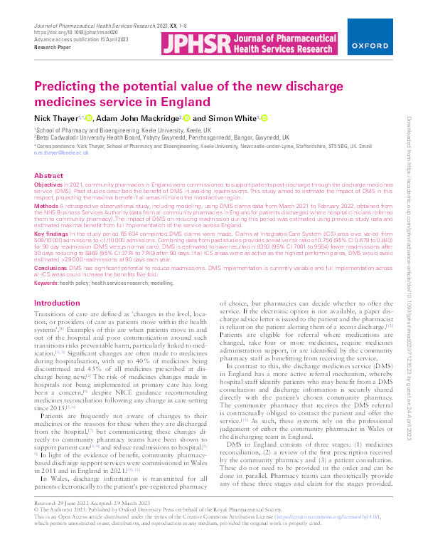 Predicting the potential value of the new discharge medicines service in England Thumbnail