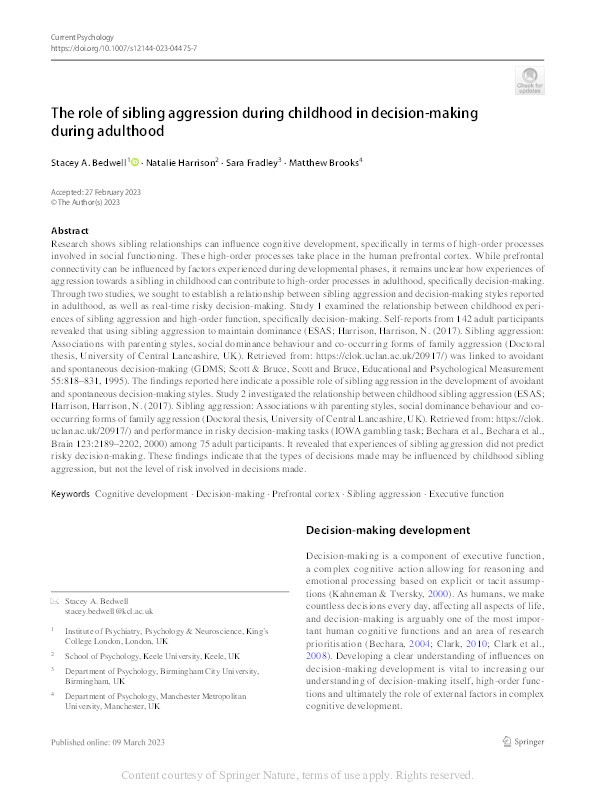 The role of sibling aggression during childhood in decision-making during adulthood Thumbnail