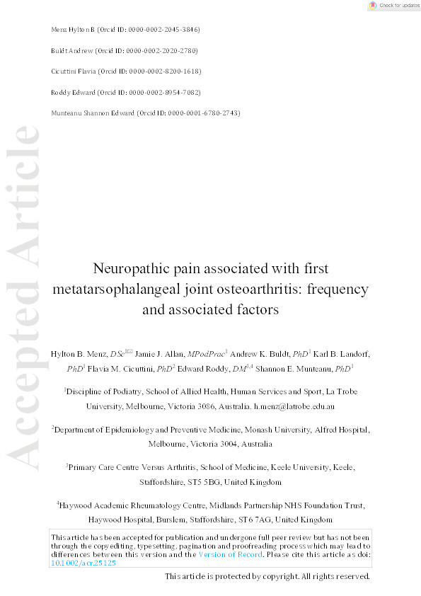 Neuropathic Pain Associated With First Metatarsophalangeal Joint Osteoarthritis: Frequency and Associated Factors Thumbnail
