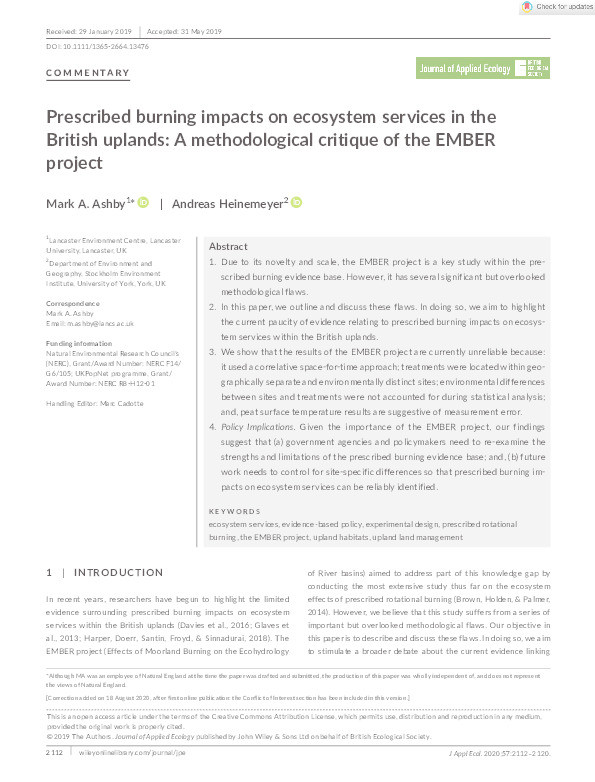 Prescribed burning impacts on ecosystem services in the British uplands: A methodological critique of the EMBER project Thumbnail