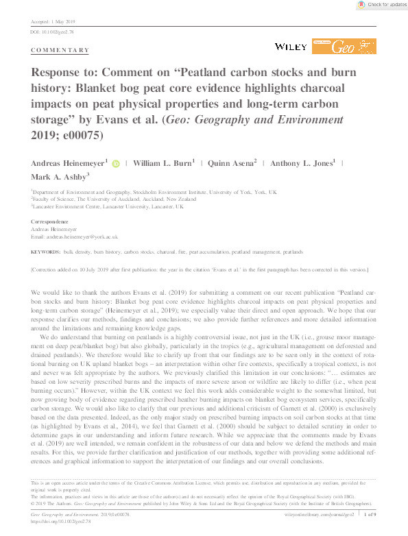 Response to: Comment on “Peatland carbon stocks and burn history: Blanket bog peat core evidence highlights charcoal impacts on peat physical properties and long-term carbon storage” by Evans et al. ( <i>Geo: Geography and Environment</i> 2019; e00075) Thumbnail