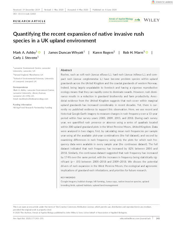 Quantifying the recent expansion of native invasive rush species in a UK upland environment Thumbnail