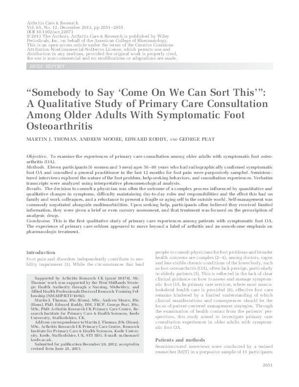 "Somebody to Say 'Come On We Can Sort This'": A Qualitative Study of Primary Care Consultation Among Older Adults With Symptomatic Foot Osteoarthritis Thumbnail