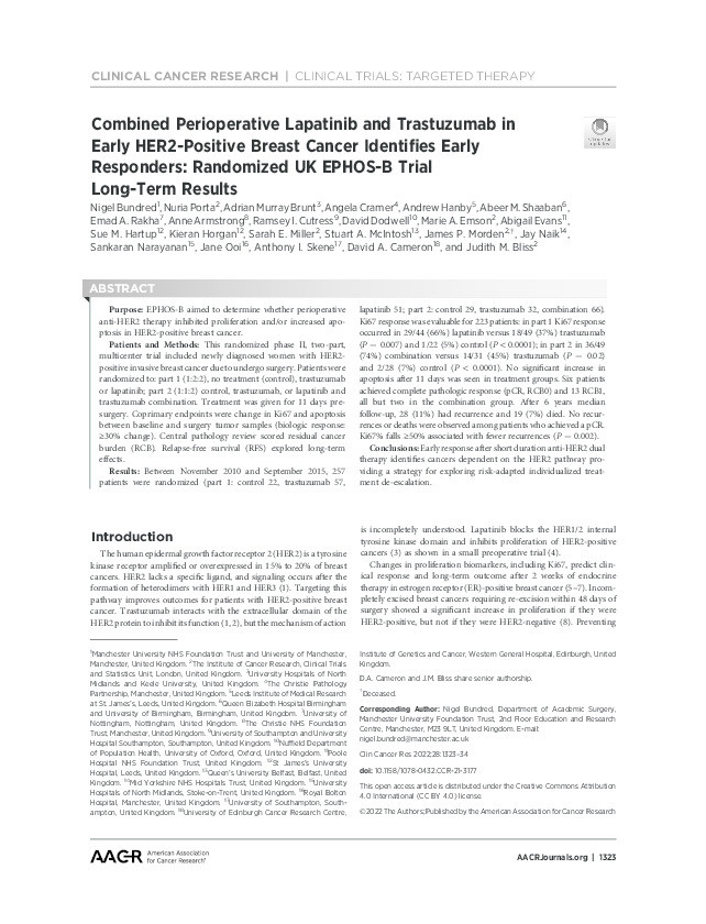 Combined Perioperative Lapatinib and Trastuzumab in Early HER2-Positive Breast Cancer Identifies Early Responders: Randomized UK EPHOS-B Trial Long-Term Results Thumbnail