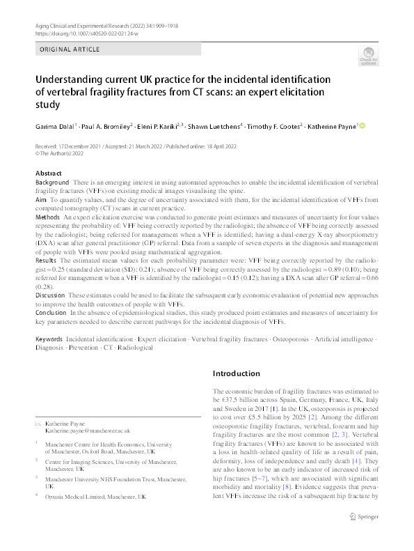 Understanding current UK practice for the incidental identification of vertebral fragility fractures from CT scans: an expert elicitation study Thumbnail