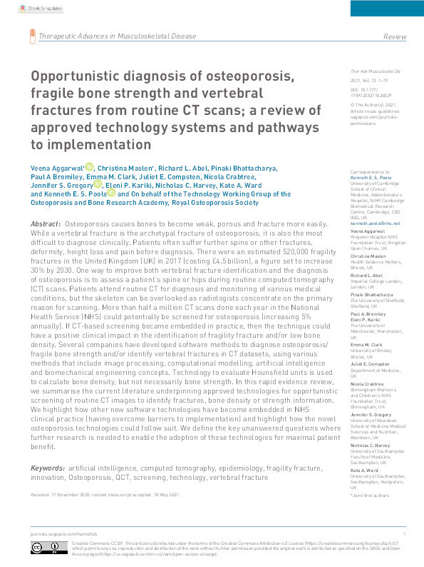 Opportunistic diagnosis of osteoporosis, fragile bone strength and vertebral fractures from routine CT scans; a review of approved technology systems and pathways to implementation Thumbnail