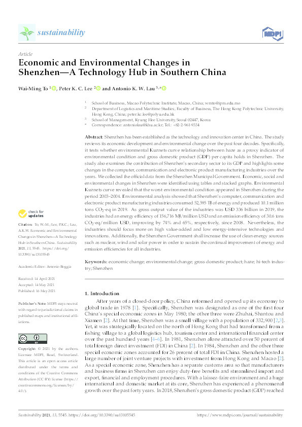 Economic and Environmental Changes in Shenzhen—A Technology Hub in Southern China Thumbnail