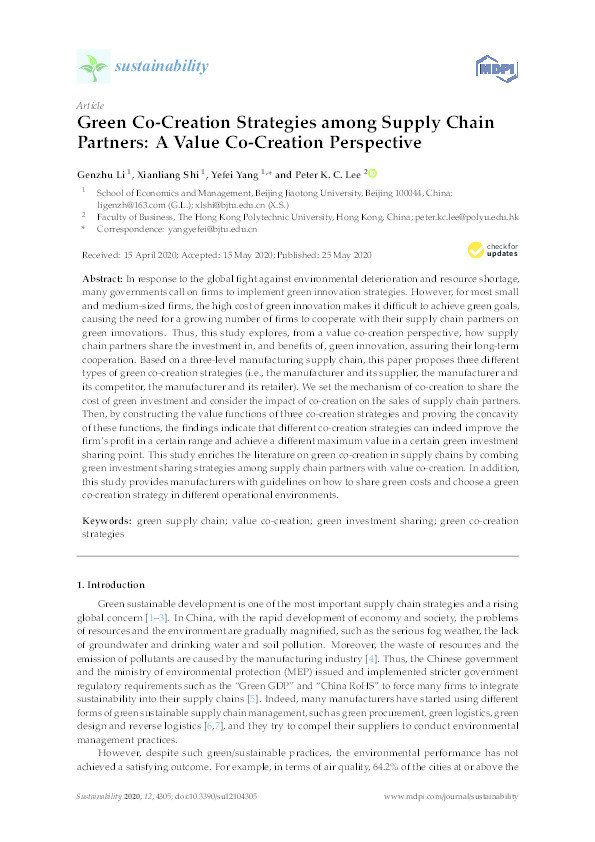 Green Co-Creation Strategies among Supply Chain Partners: A Value Co-Creation Perspective Thumbnail