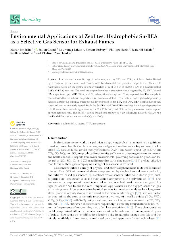 Environmental Applications of Zeolites: Hydrophobic Sn-BEA as a Selective Gas Sensor for Exhaust Fumes Thumbnail