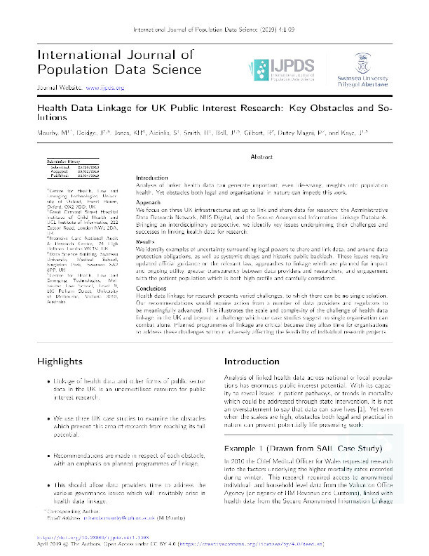 Health Data Linkage for Public Interest Research in the UK: Key Obstacles and Solutions Thumbnail