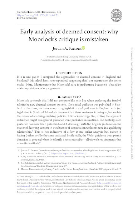 Early analysis of deemed consent: why Moorlock's critique is mistaken. Thumbnail