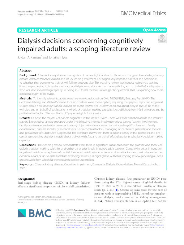 Dialysis decisions concerning cognitively impaired adults: a scoping literature review. Thumbnail