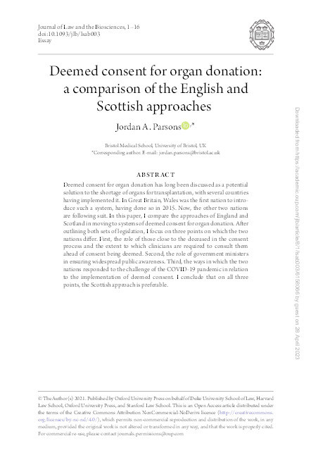 Deemed consent for organ donation: a comparison of the English and Scottish approaches. Thumbnail