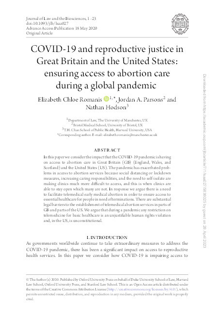 COVID-19 and reproductive justice in Great Britain and the United States: ensuring access to abortion care during a global pandemic. Thumbnail