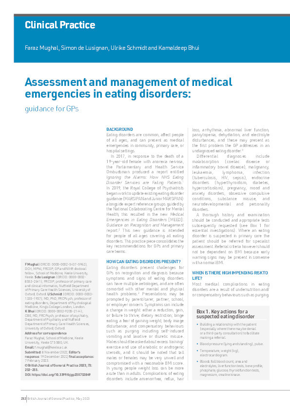 Assessment and management of medical emergencies in eating disorders: guidance for GPs Thumbnail