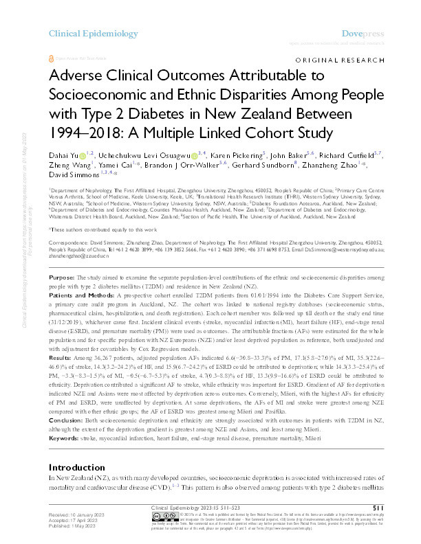 Adverse Clinical Outcomes Attributable to Socioeconomic and Ethnic Disparities Among People with Type 2 Diabetes in New Zealand Between 1994–2018: A Multiple Linked Cohort Study Thumbnail