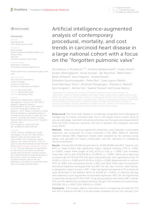 Artificial intelligence-augmented analysis of contemporary procedural, mortality, and cost trends in carcinoid heart disease in a large national cohort with a focus on the “forgotten pulmonic valve” Thumbnail
