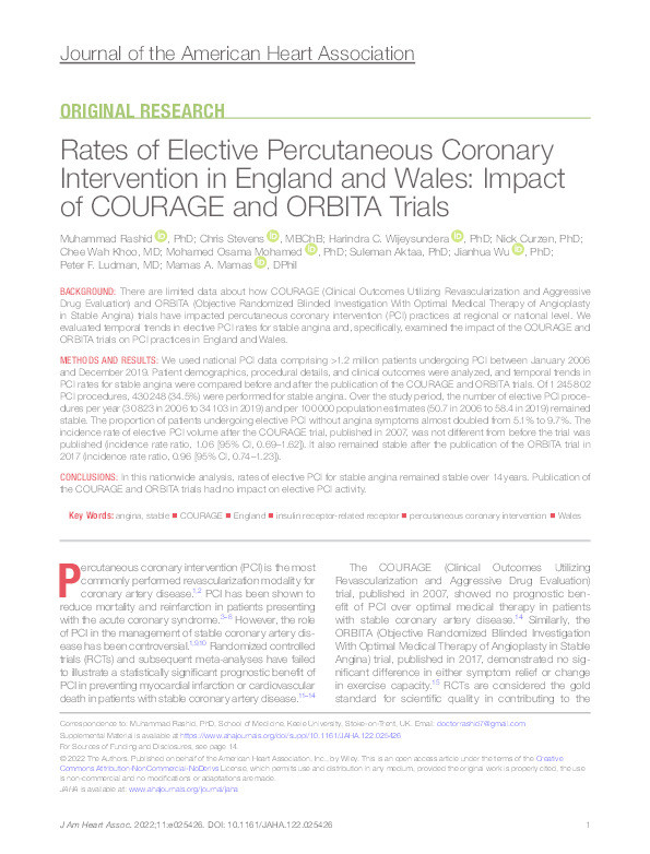 Rates of Elective Percutaneous Coronary Intervention in England and Wales: Impact of COURAGE and ORBITA Trials. Thumbnail