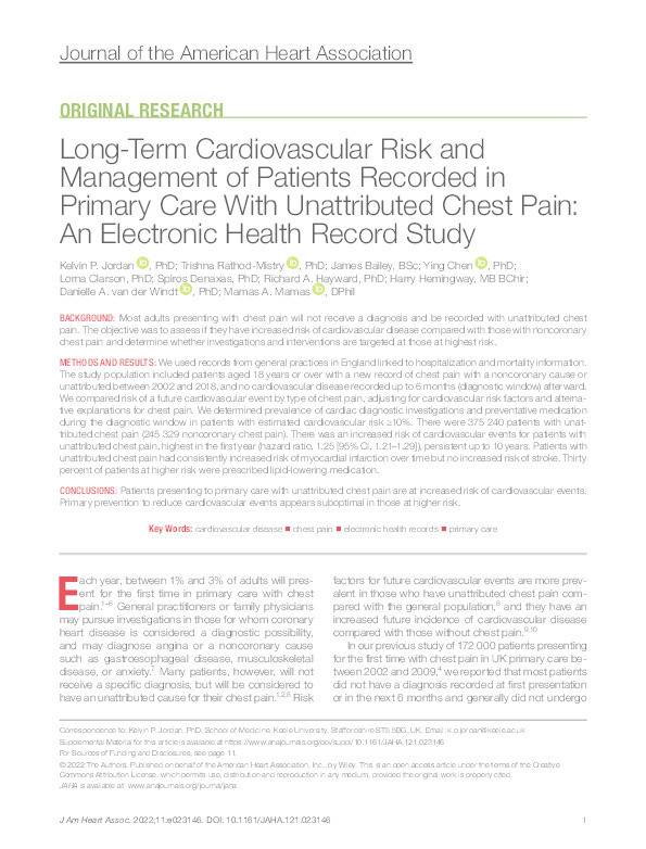Long‐Term Cardiovascular Risk and Management of Patients Recorded in Primary Care With Unattributed Chest Pain: An Electronic Health Record Study Thumbnail