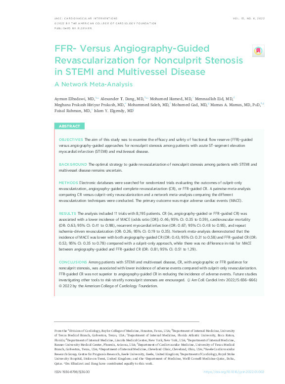 FFR- Versus Angiography-Guided Revascularization for Nonculprit Stenosis in STEMI and Multivessel Disease: A Network Meta-Analysis. Thumbnail