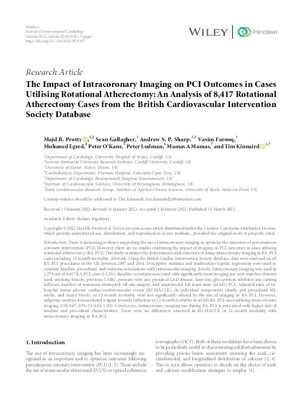 The Impact of Intracoronary Imaging on PCI Outcomes in Cases Utilising Rotational Atherectomy: An Analysis of 8,417 Rotational Atherectomy Cases from the British Cardiovascular Intervention Society Database. Thumbnail