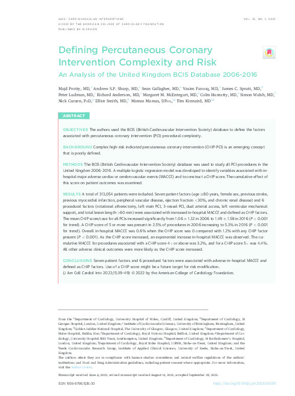 Defining Percutaneous Coronary Intervention Complexity and Risk: An Analysis of the United Kingdom BCIS Database 2006-2016. Thumbnail