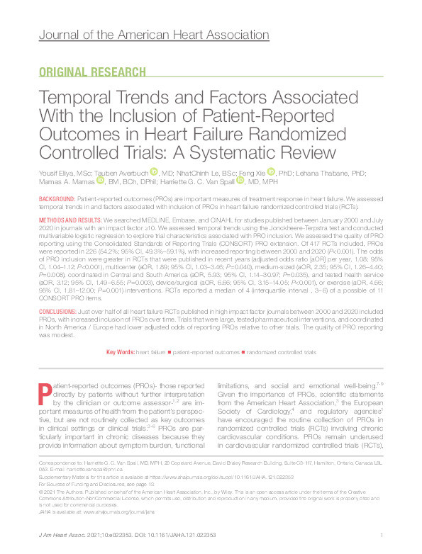 Temporal Trends and Factors Associated With the Inclusion of Patient-Reported Outcomes in Heart Failure Randomized Controlled Trials: A Systematic Review. Thumbnail