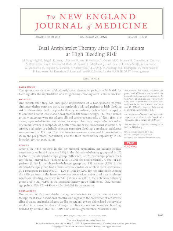 Dual Antiplatelet Therapy after PCI in Patients at High Bleeding Risk. Thumbnail