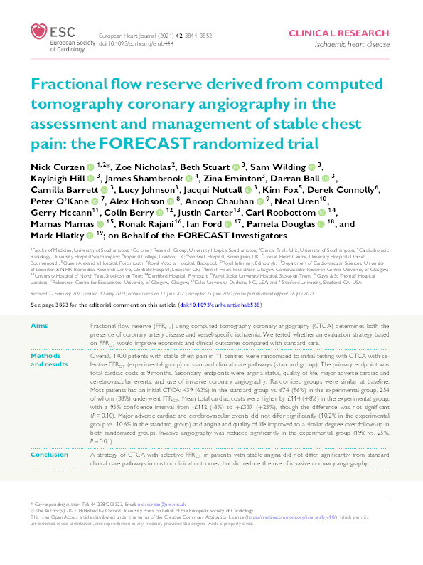 Fractional flow reserve derived from computed tomography coronary angiography in the assessment and management of stable chest pain: the FORECAST randomized trial. Thumbnail