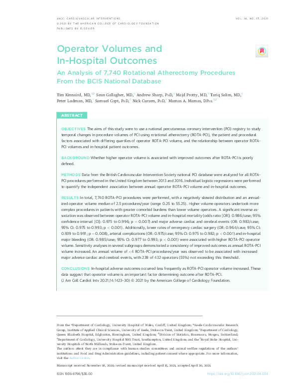 Operator Volumes and In-Hospital Outcomes: An Analysis of 7,740 Rotational Atherectomy Procedures From the BCIS National Database. Thumbnail