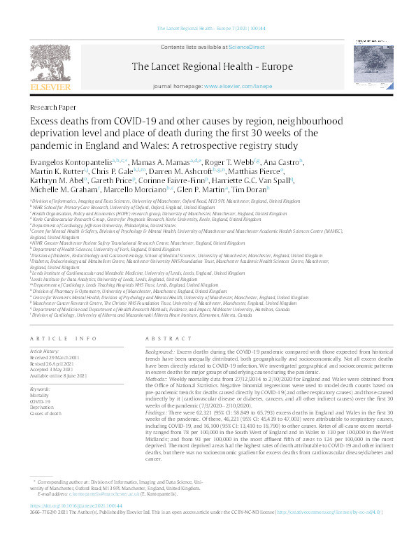 Excess deaths from COVID-19 and other causes by region, neighbourhood deprivation level and place of death during the first 30 weeks of the pandemic in England and Wales: A retrospective registry study. Thumbnail