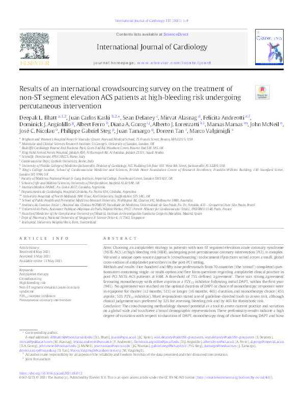 Results of an international crowdsourcing survey on the treatment of non-ST segment elevation ACS patients at high-bleeding risk undergoing percutaneous intervention. Thumbnail