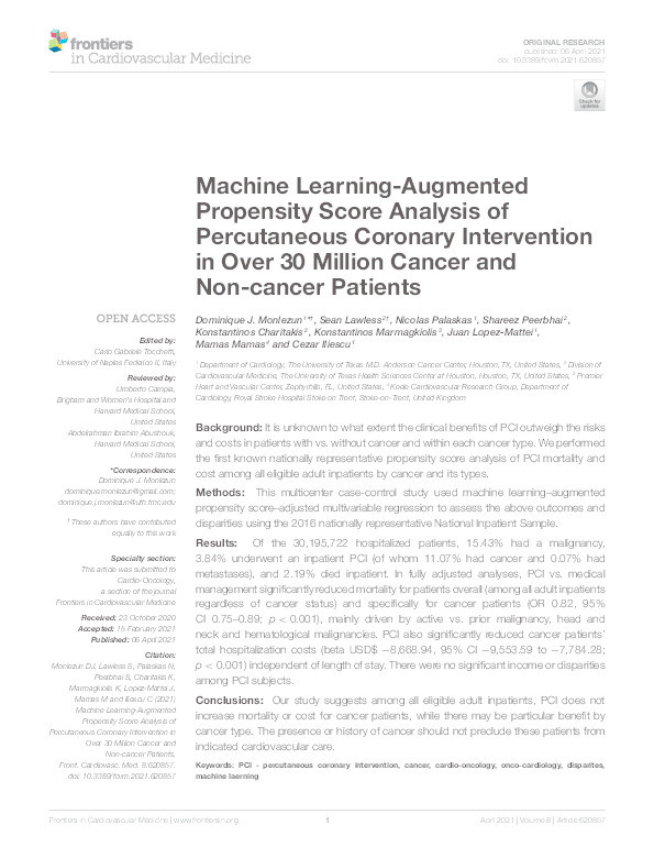 Machine Learning-Augmented Propensity Score Analysis of Percutaneous Coronary Intervention in Over 30 Million Cancer and Non-cancer Patients. Thumbnail