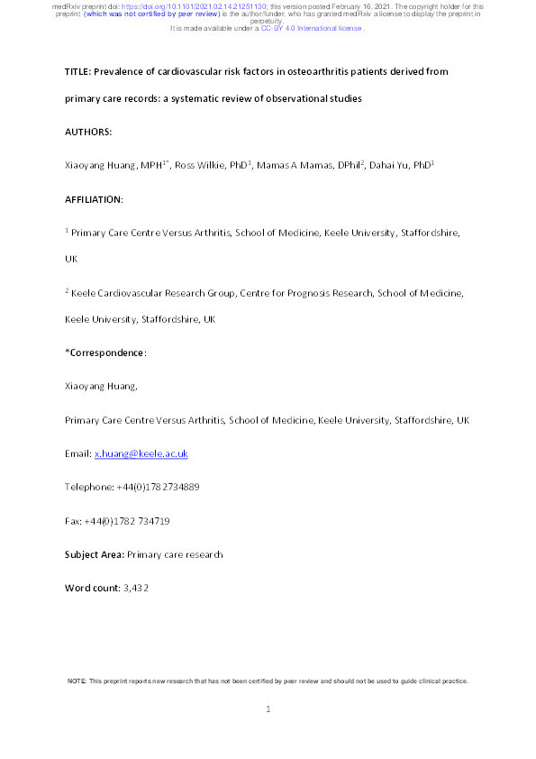 Prevalence of cardiovascular risk factors in osteoarthritis patients derived from primary care records: a systematic review of observational studies Thumbnail