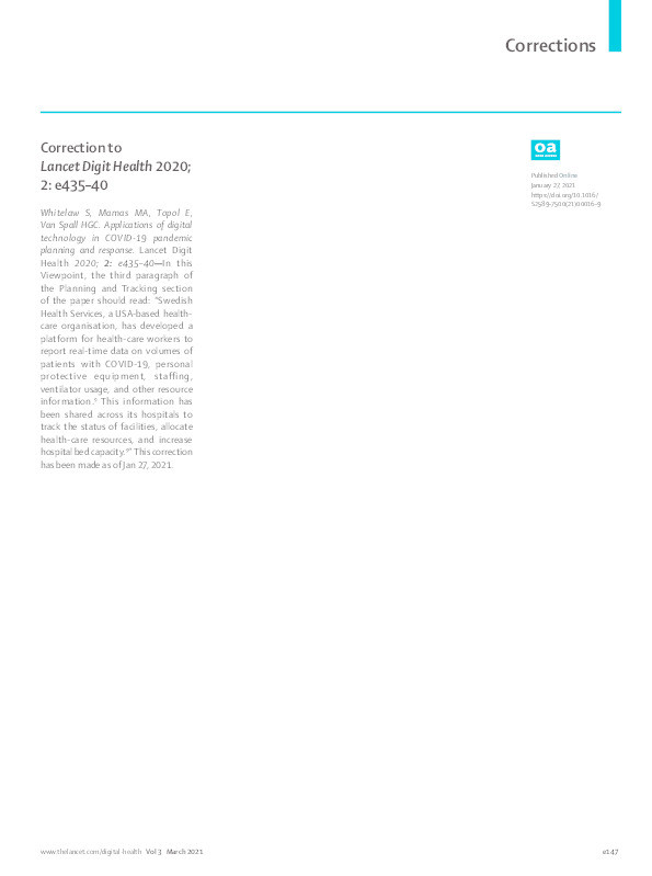 Applications of digital technology in COVID-19 pandemic planning and response (vol 2, pg e435, 2020) Thumbnail