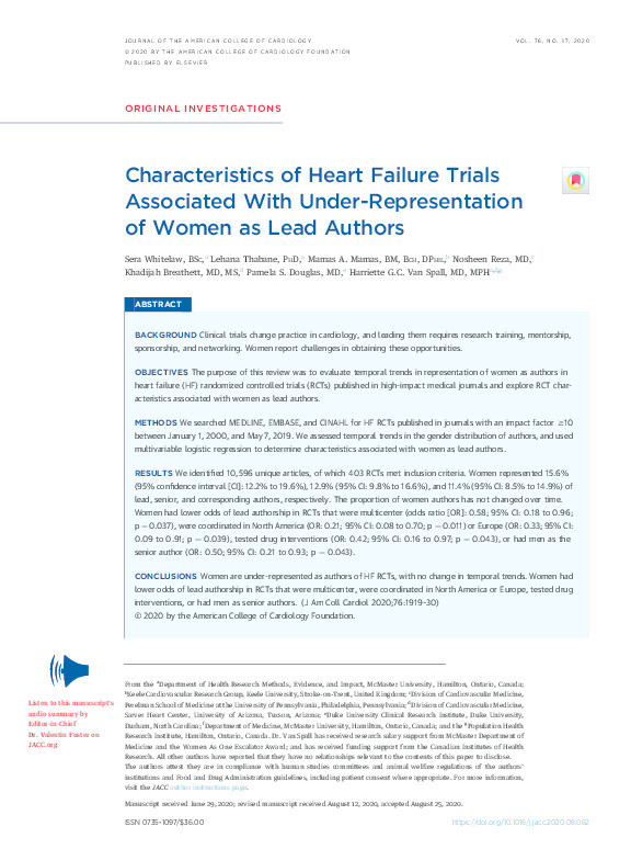 Characteristics of Heart Failure Trials Associated With Under-Representation of Women as Lead Authors. Thumbnail