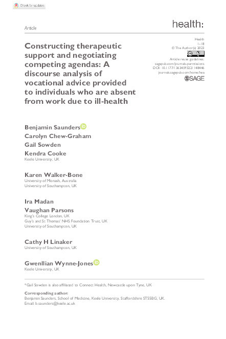 Constructing therapeutic support and negotiating competing agendas: A discourse analysis of vocational advice provided to individuals who are absent from work due to ill-health Thumbnail