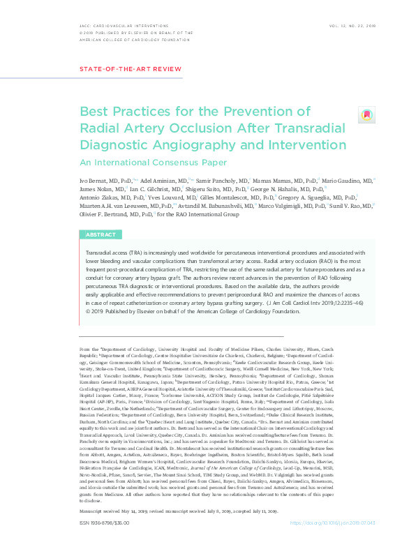 Best Practices for the Prevention of Radial Artery Occlusion After Transradial Diagnostic Angiography and Intervention: An International Consensus Paper. Thumbnail