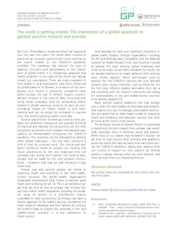 The world is getting smaller: The importance of a global approach to general practice research and practice. Thumbnail