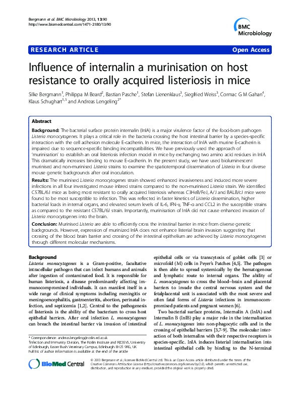 Influence of internalin a murinisation on host resistance to orally acquired listeriosis in mice Thumbnail