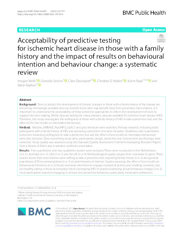 Acceptability of predictive testing for ischemic heart disease in those with a family history and the impact of results on behavioural intention and behaviour change: a systematic review. Thumbnail