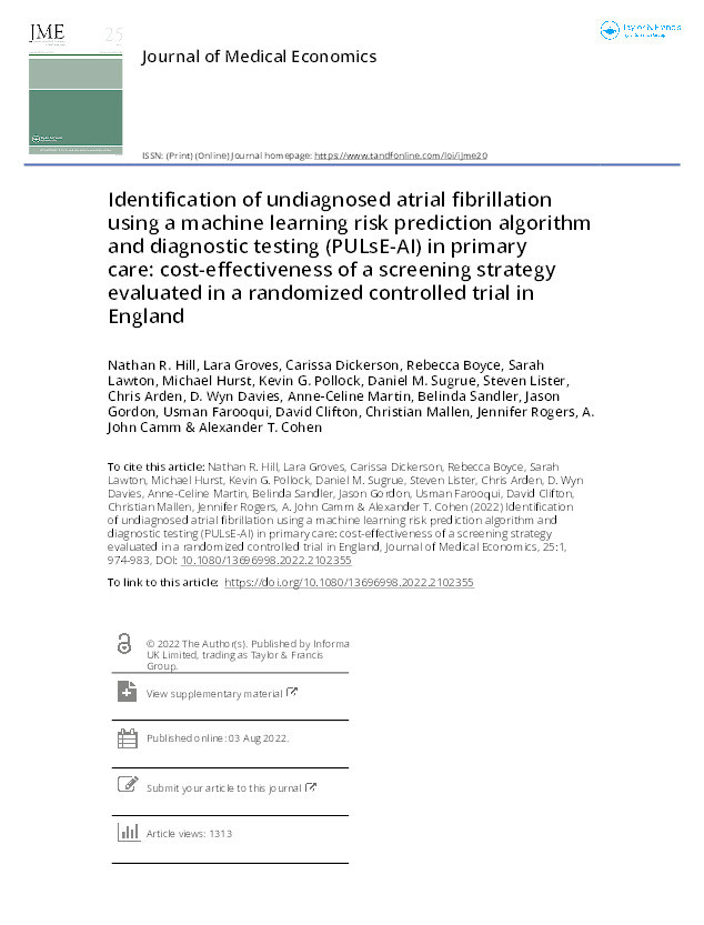 Identification of undiagnosed atrial fibrillation using a machine learning risk prediction algorithm and diagnostic testing (PULsE-AI) in primary care: cost-effectiveness of a screening strategy evaluated in a randomized controlled trial in England Thumbnail
