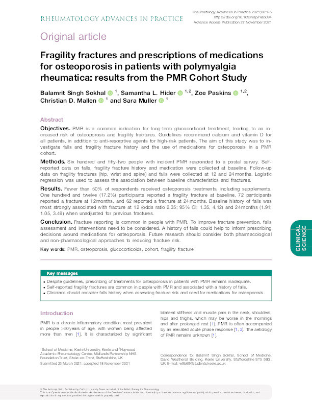 Fragility fractures and prescriptions of medications for osteoporosis in patients with polymyalgia rheumatica: results from the PMR Cohort Study Thumbnail