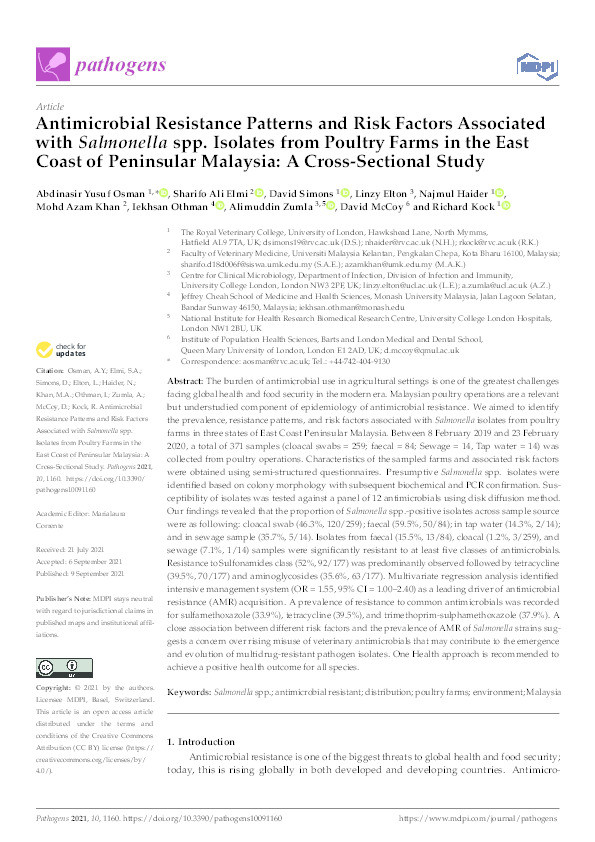 Antimicrobial Resistance Patterns and Risk Factors Associated with Salmonella spp. Isolates from Poultry Farms in the East Coast of Peninsular Malaysia: A Cross-Sectional Study Thumbnail