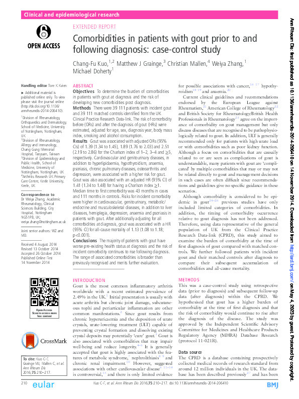 Comorbidities in patients with gout prior to and following diagnosis: case-control study. Thumbnail